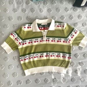 Belle Poque Cropped Cherry Sweater in Green + White | Women's XL